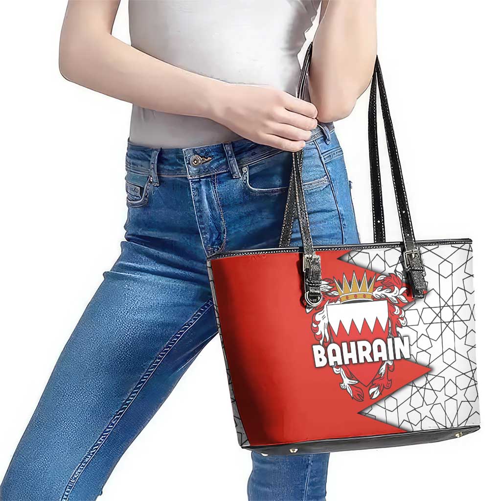 Bahrain Shield Design Leather Tote Bag with Arabesque Tile Motif in Red
