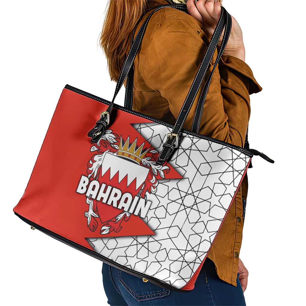 Bahrain Shield Design Leather Tote Bag with Arabesque Tile Motif in Red