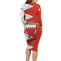 Bahrain Shield Design Long Sleeve Bodycon Dress with Arabesque Tile Motif in Red