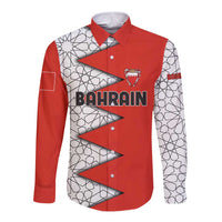 Bahrain Shield Design Long Sleeve Button Shirt with Arabesque Tile Motif in Red