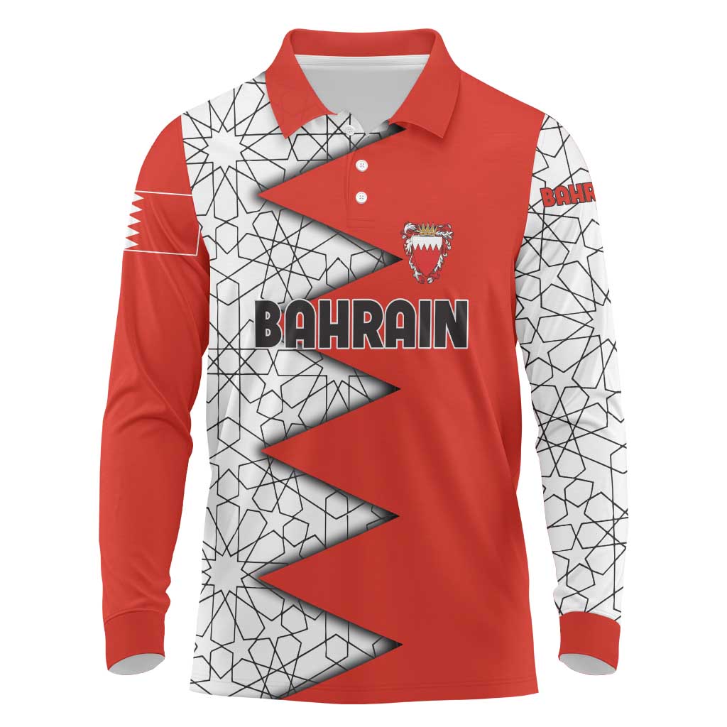 Bahrain Shield Design Long Sleeve Polo Shirt with Arabesque Tile Motif in Red