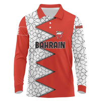 Bahrain Shield Design Long Sleeve Polo Shirt with Arabesque Tile Motif in Red