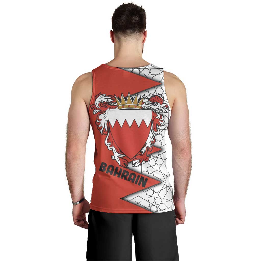 Bahrain Shield Design Men Tank Top with Arabesque Tile Motif in Red