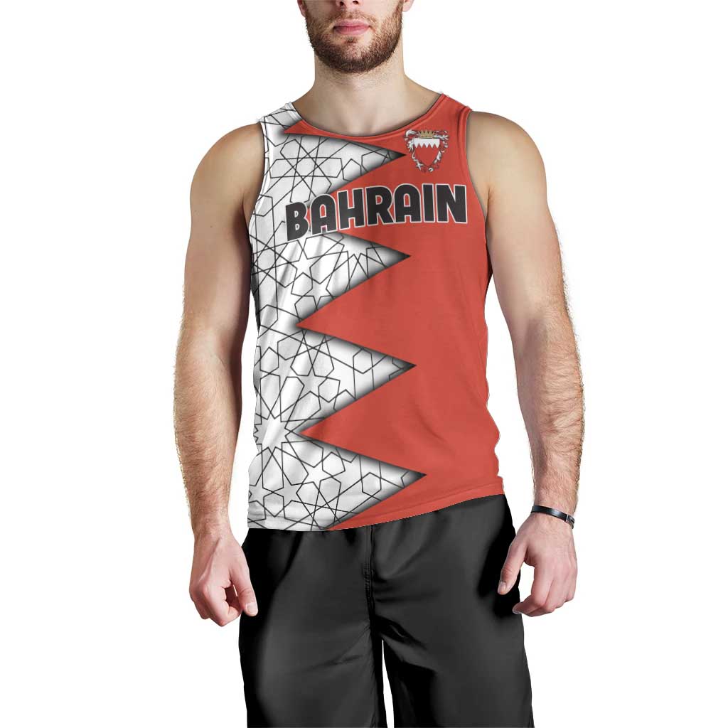 Bahrain Shield Design Men Tank Top with Arabesque Tile Motif in Red