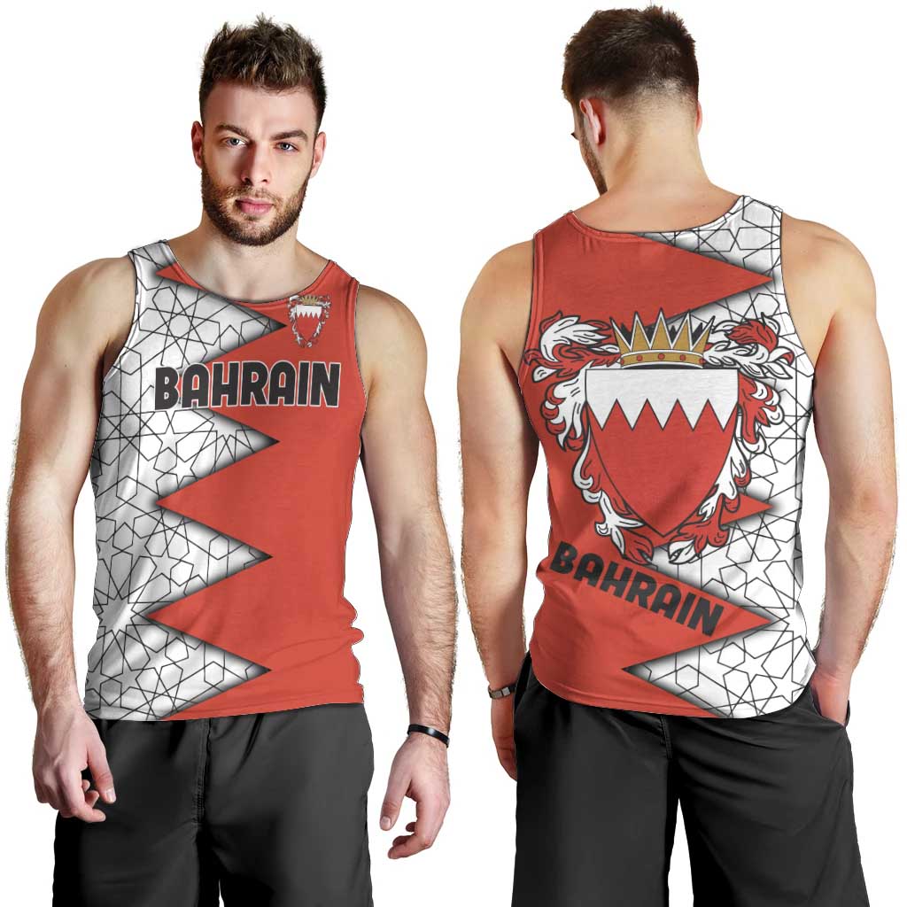 Bahrain Shield Design Men Tank Top with Arabesque Tile Motif in Red