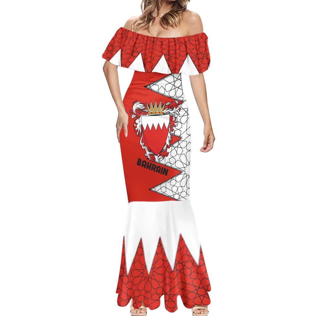 Bahrain Shield Design Mermaid Dress with Arabesque Tile Motif in Red