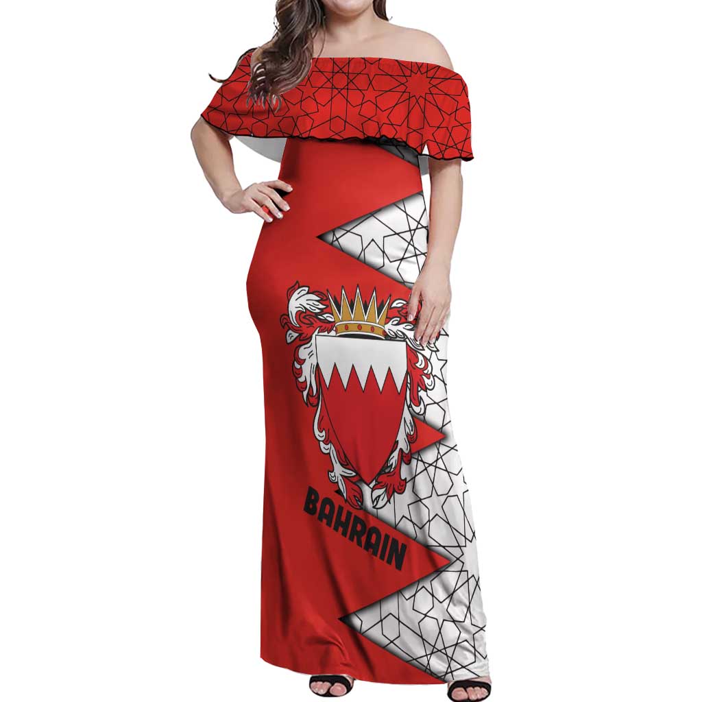 Bahrain Shield Design Off Shoulder Maxi Dress with Arabesque Tile Motif in Red