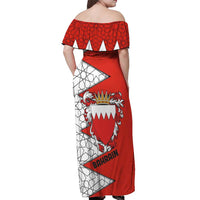 Bahrain Shield Design Off Shoulder Maxi Dress with Arabesque Tile Motif in Red
