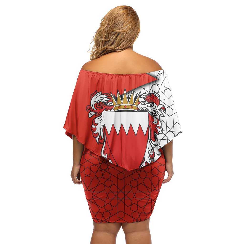 Bahrain Shield Design Off Shoulder Short Dress with Arabesque Tile Motif in Red