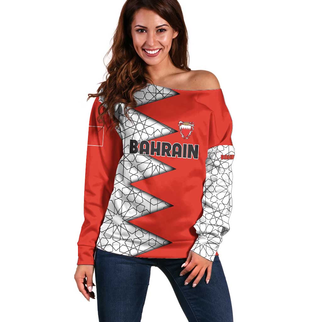 Bahrain Shield Design Off Shoulder Sweater with Arabesque Tile Motif in Red