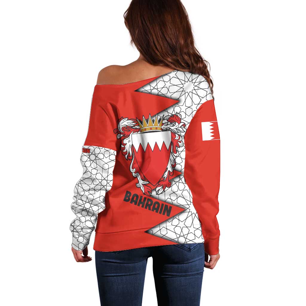 Bahrain Shield Design Off Shoulder Sweater with Arabesque Tile Motif in Red