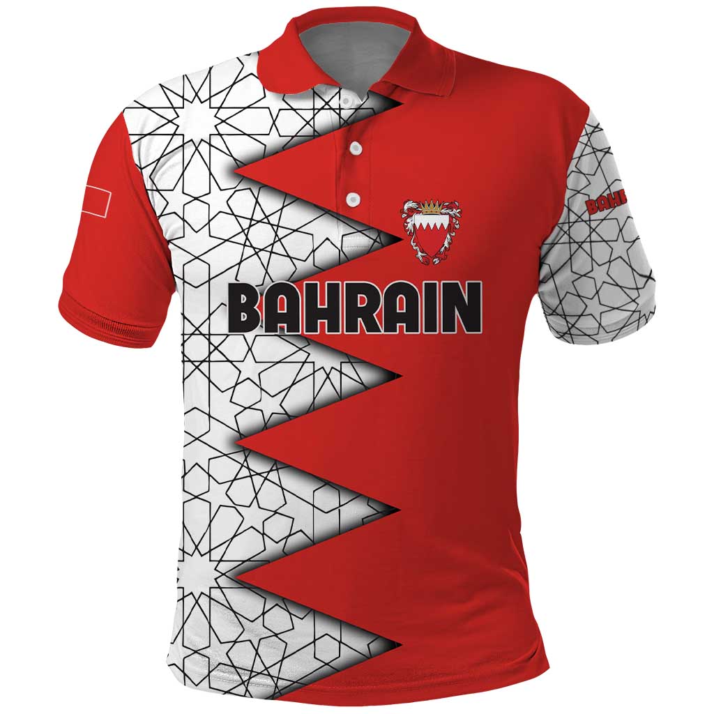 Bahrain Shield Design Polo Shirt with Arabesque Tile Motif in Red