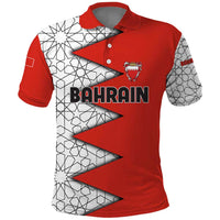 Bahrain Shield Design Polo Shirt with Arabesque Tile Motif in Red