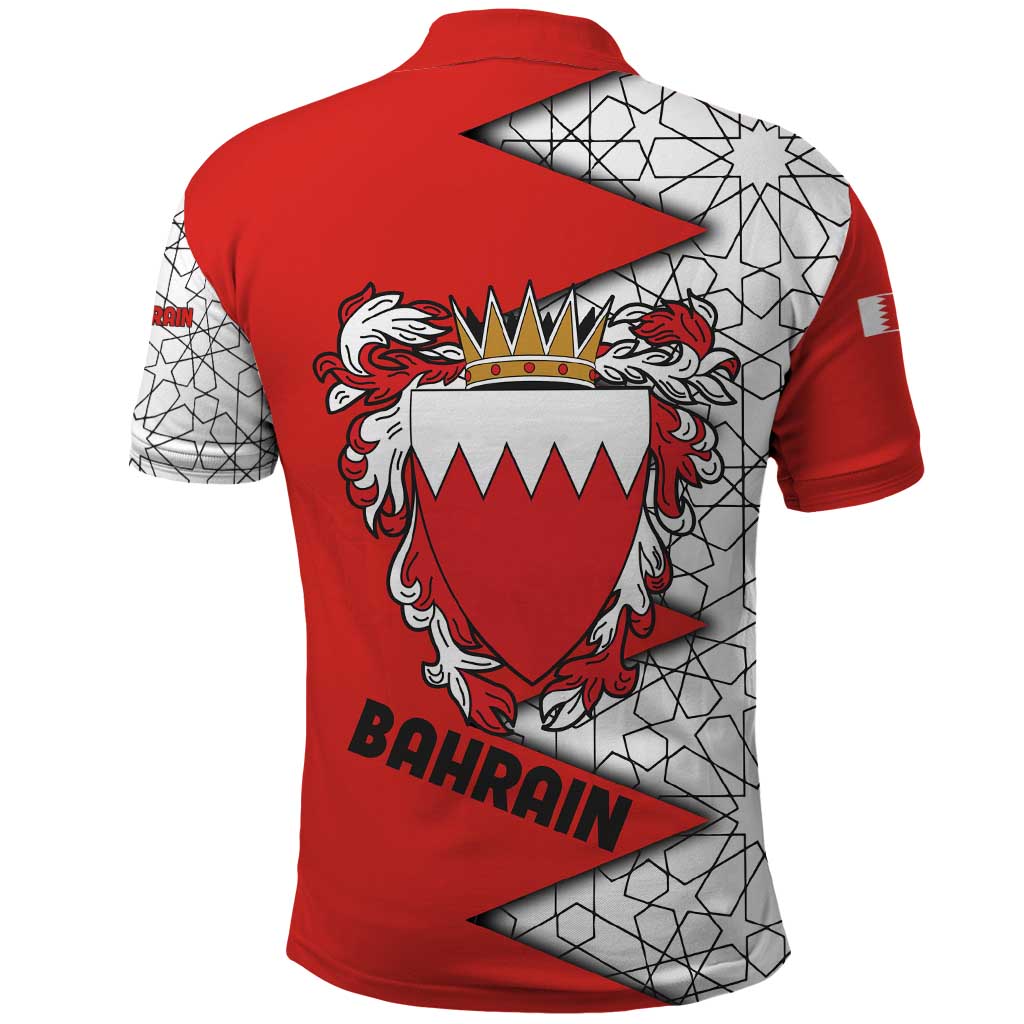 Bahrain Shield Design Polo Shirt with Arabesque Tile Motif in Red