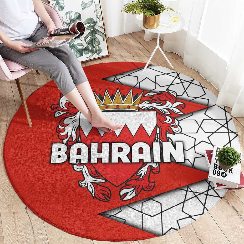 Bahrain Shield Design Round Carpet with Arabesque Tile Motif in Red
