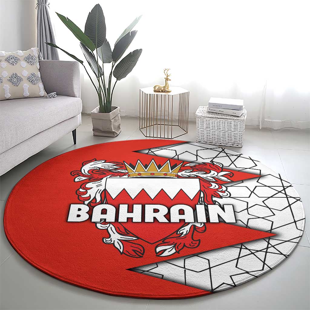 Bahrain Shield Design Round Carpet with Arabesque Tile Motif in Red