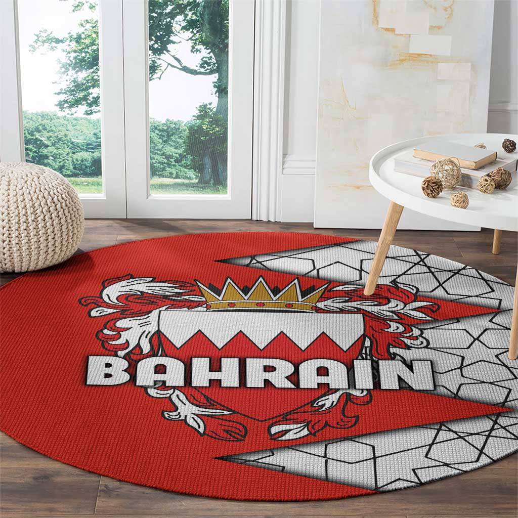 Bahrain Shield Design Round Carpet with Arabesque Tile Motif in Red