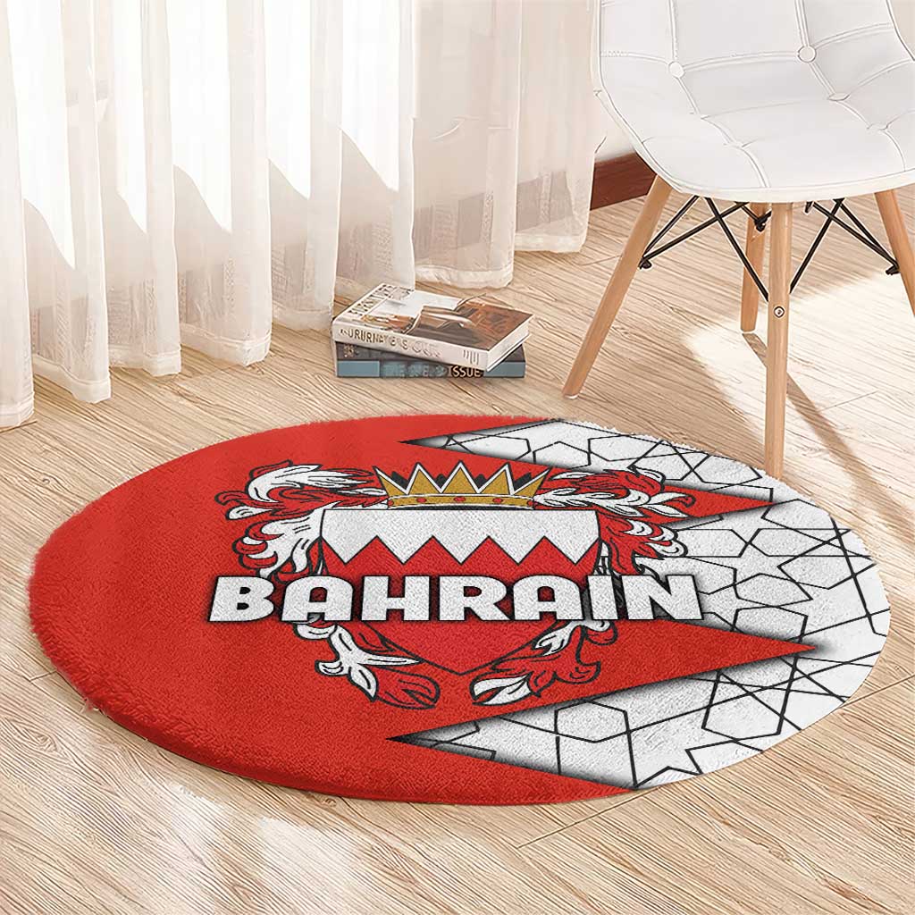Bahrain Shield Design Round Carpet with Arabesque Tile Motif in Red