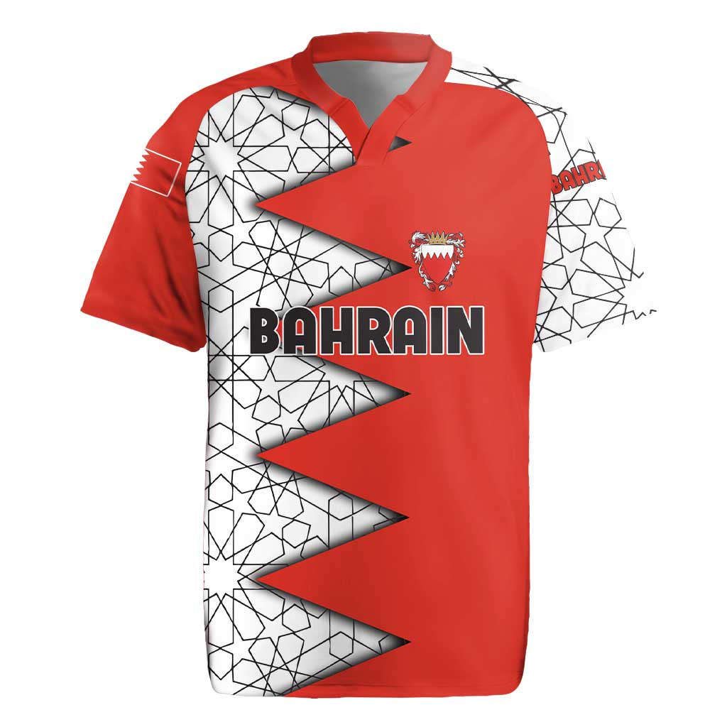 Bahrain Shield Design Rugby Jersey with Arabesque Tile Motif in Red
