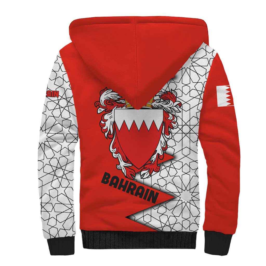 Bahrain Shield Design Sherpa Hoodie with Arabesque Tile Motif in Red