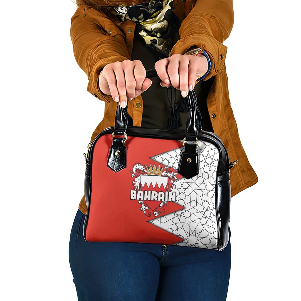 Bahrain Shield Design Shoulder Handbag with Arabesque Tile Motif in Red