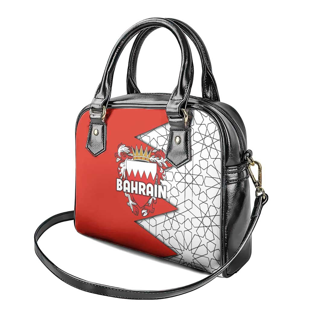 Bahrain Shield Design Shoulder Handbag with Arabesque Tile Motif in Red