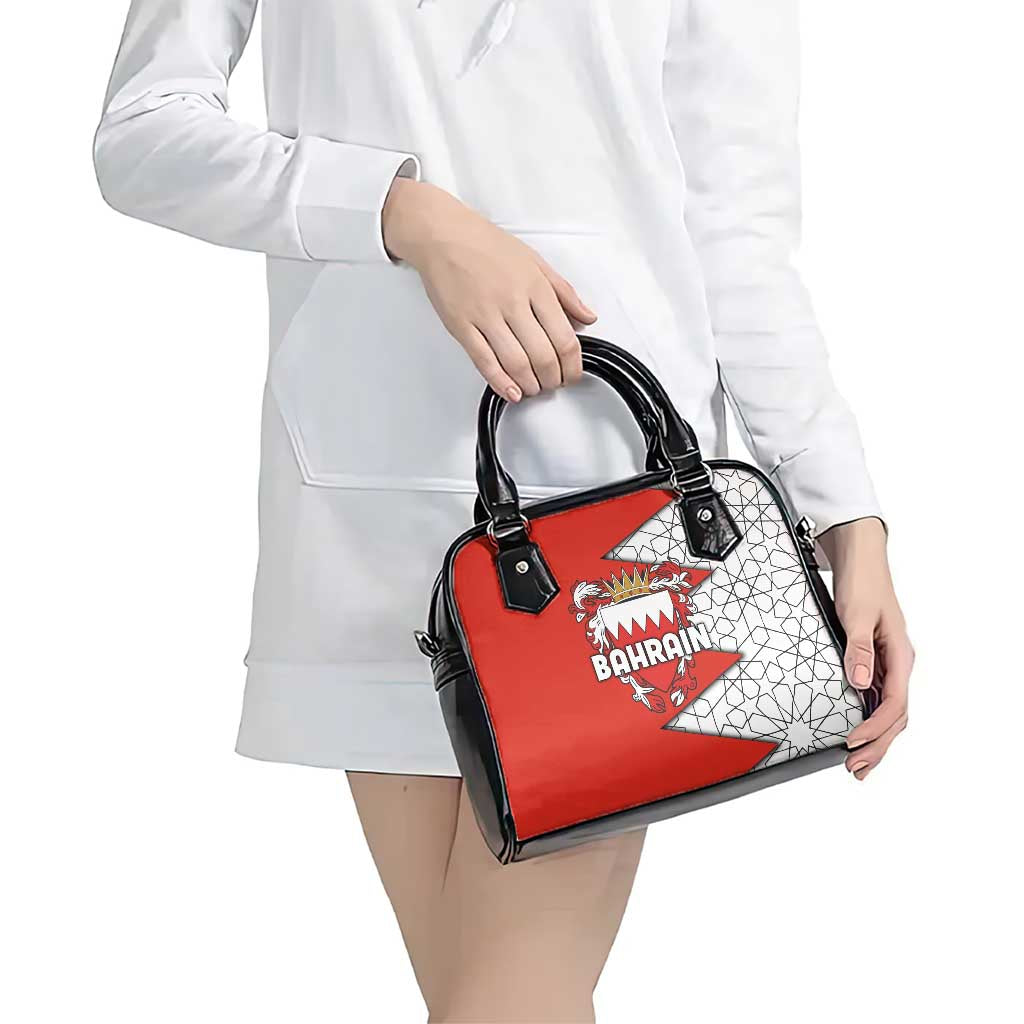 Bahrain Shield Design Shoulder Handbag with Arabesque Tile Motif in Red