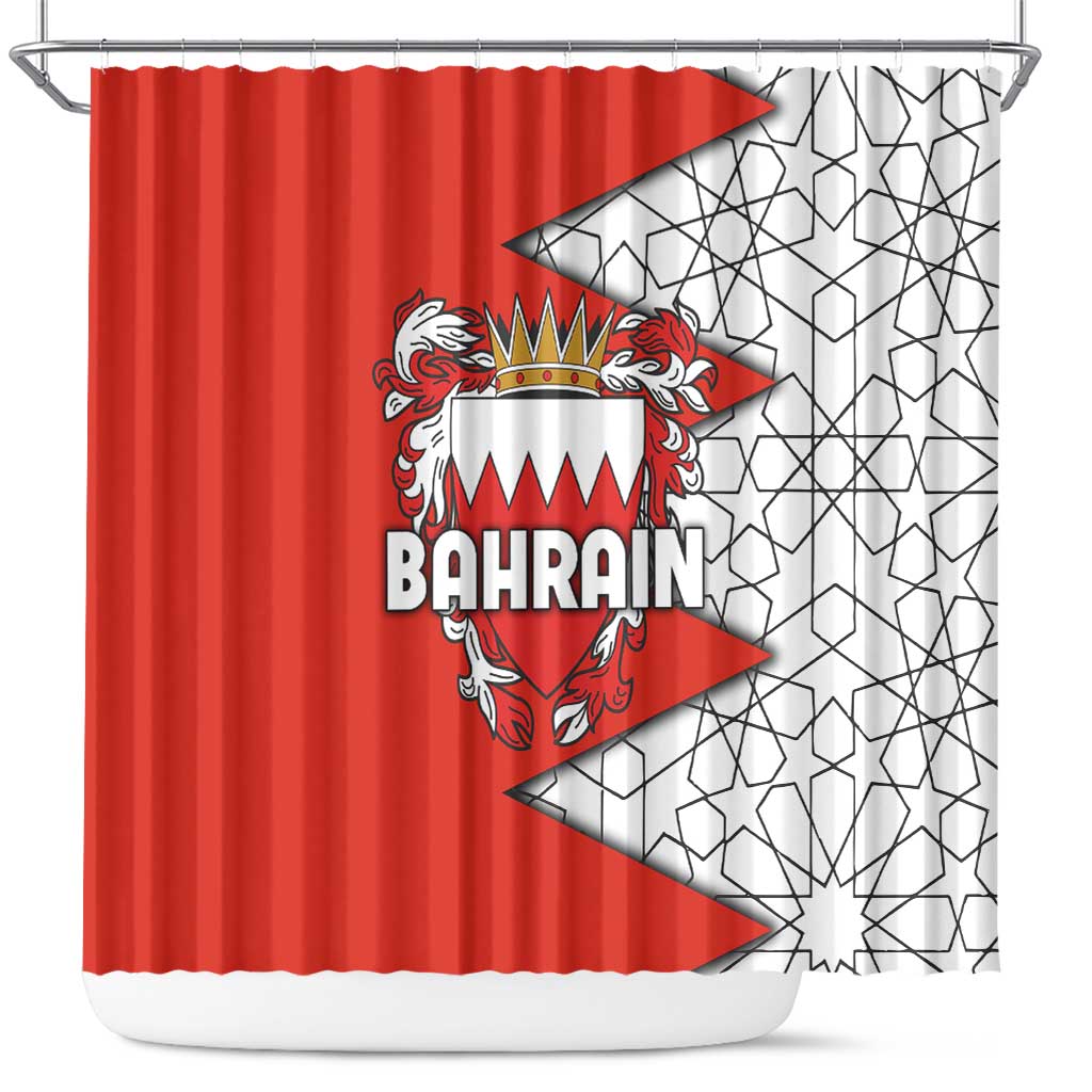 Bahrain Shield Design Shower Curtain with Arabesque Tile Motif in Red