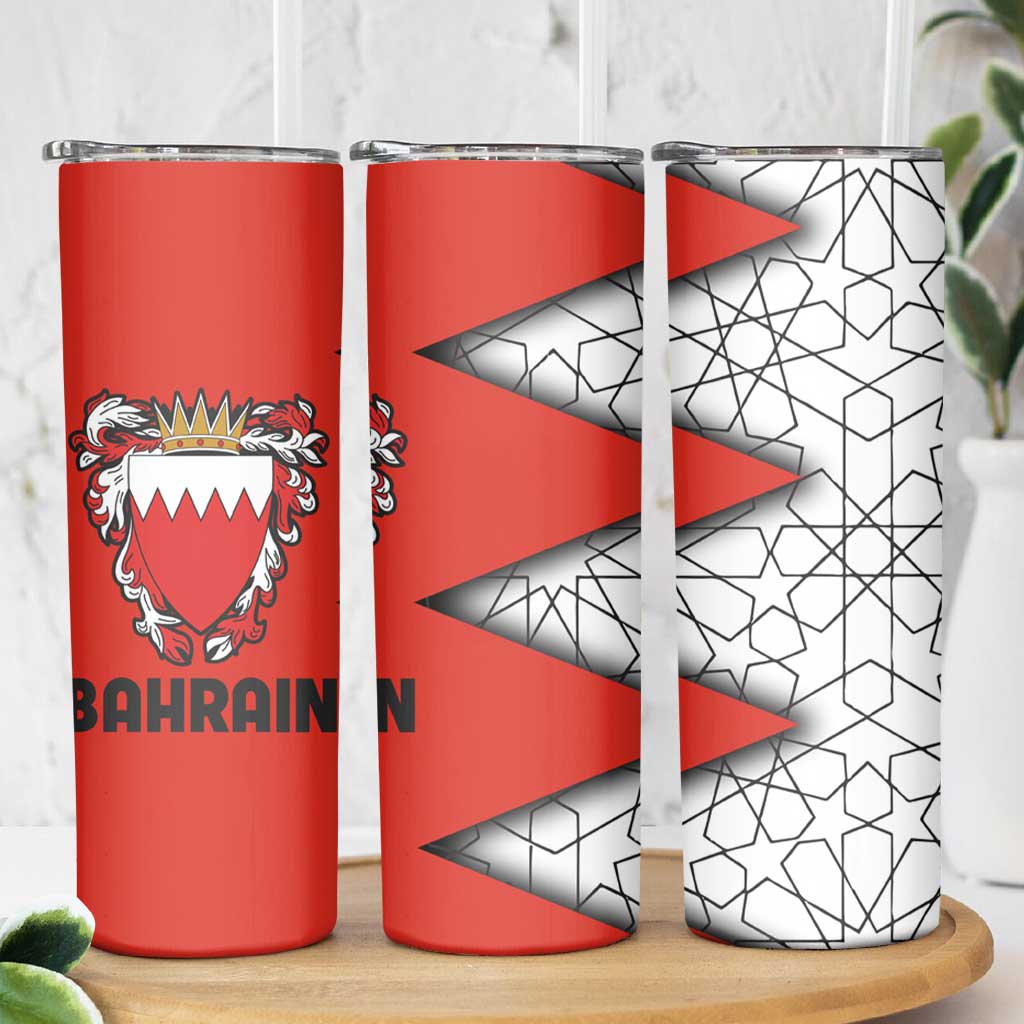 Bahrain Shield Design Skinny Tumbler with Arabesque Tile Motif in Red