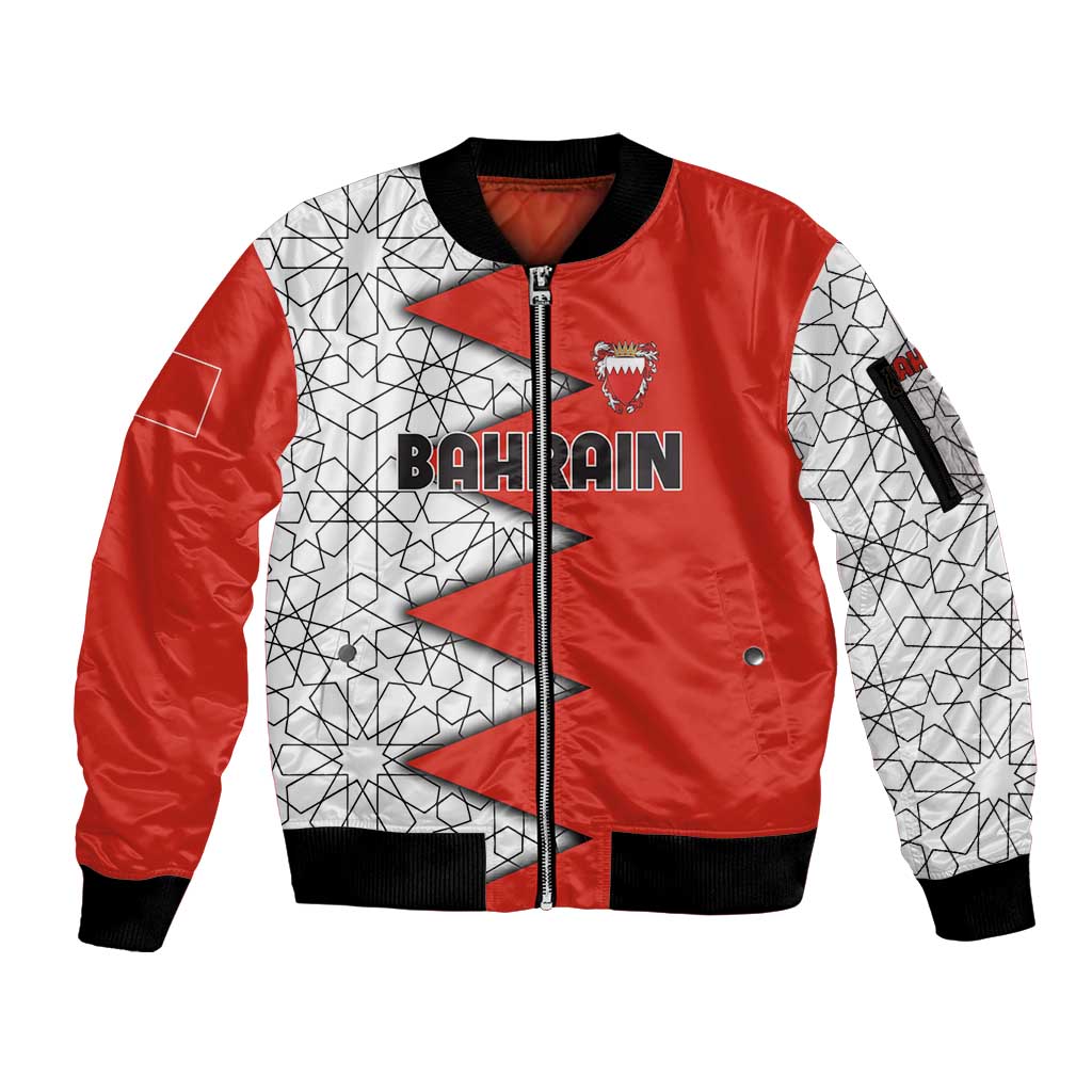 Bahrain Shield Design Sleeve Zip Bomber Jacket with Arabesque Tile Motif in Red
