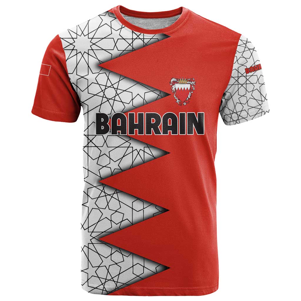 Bahrain Shield Design T Shirt with Arabesque Tile Motif in Red