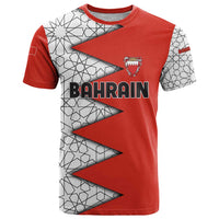 Bahrain Shield Design T Shirt with Arabesque Tile Motif in Red