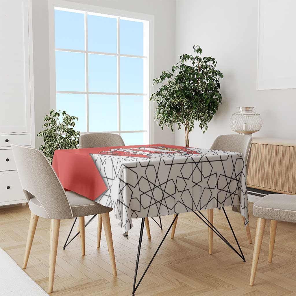 Bahrain Shield Design Tablecloth with Arabesque Tile Motif in Red