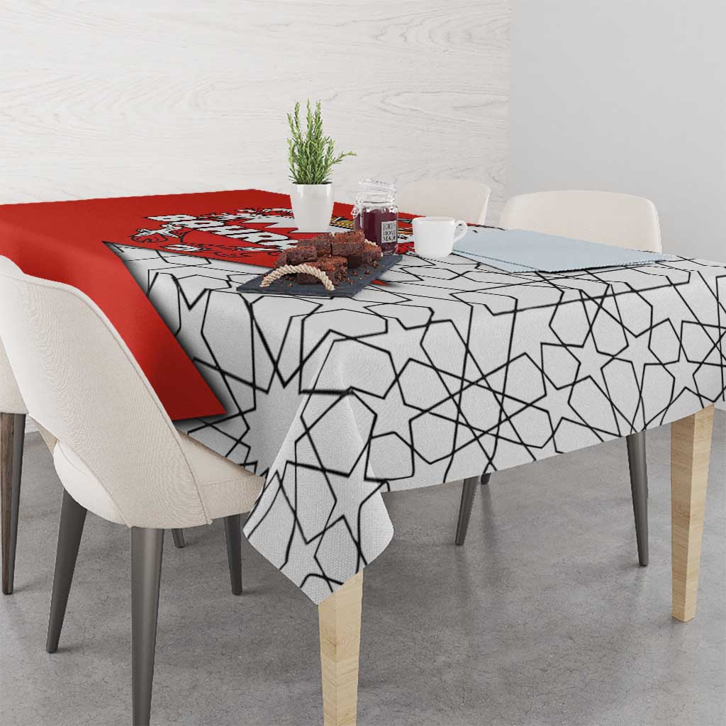 Bahrain Shield Design Tablecloth with Arabesque Tile Motif in Red