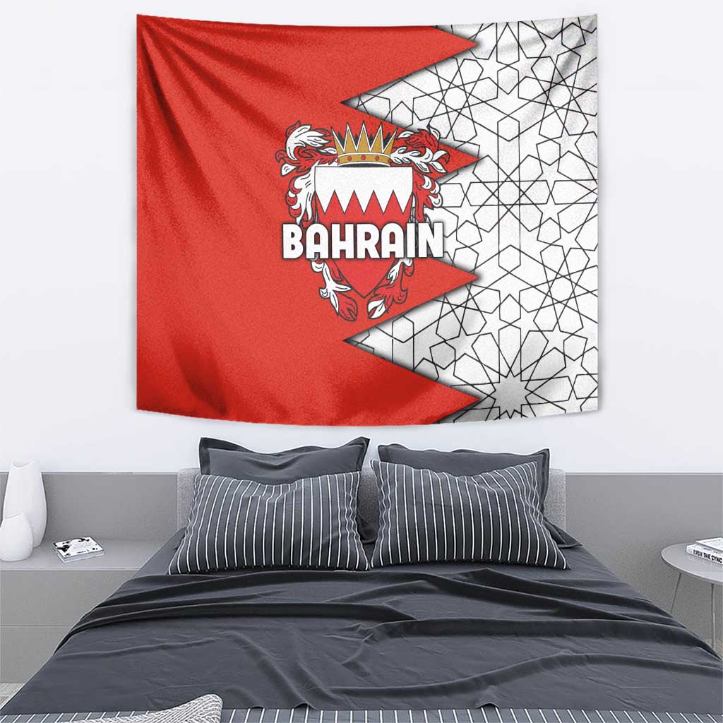 Bahrain Shield Design Tapestry with Arabesque Tile Motif in Red