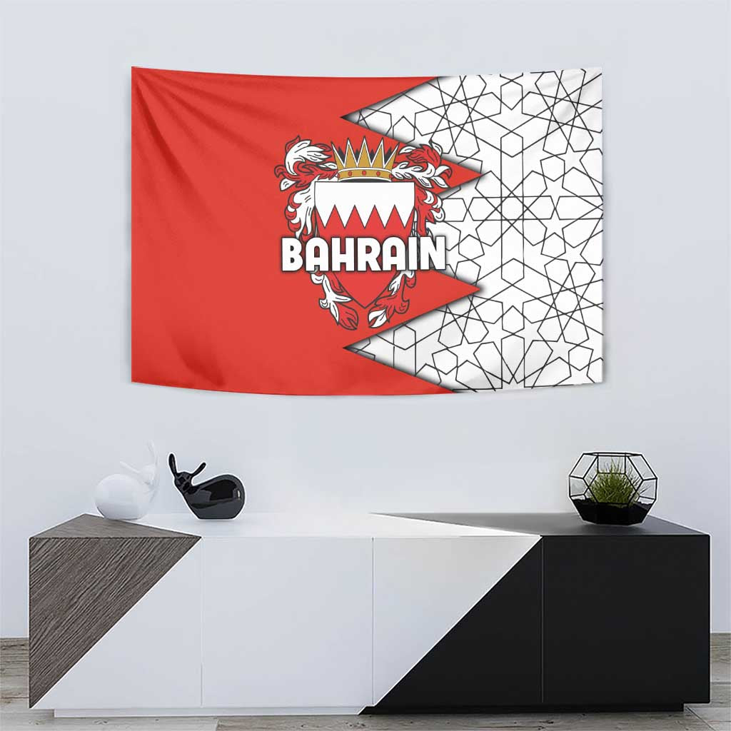 Bahrain Shield Design Tapestry with Arabesque Tile Motif in Red