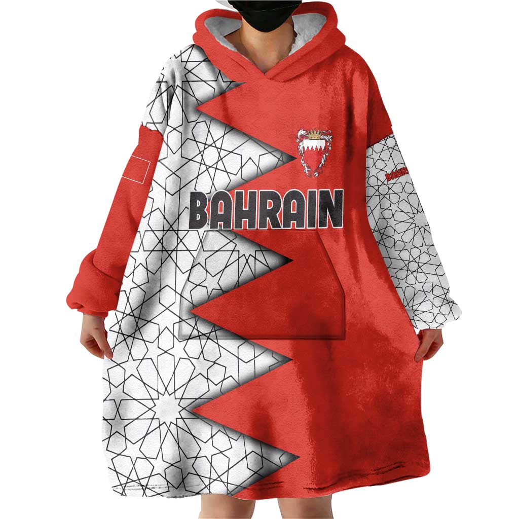 Bahrain Shield Design Wearable Blanket Hoodie with Arabesque Tile Motif in Red