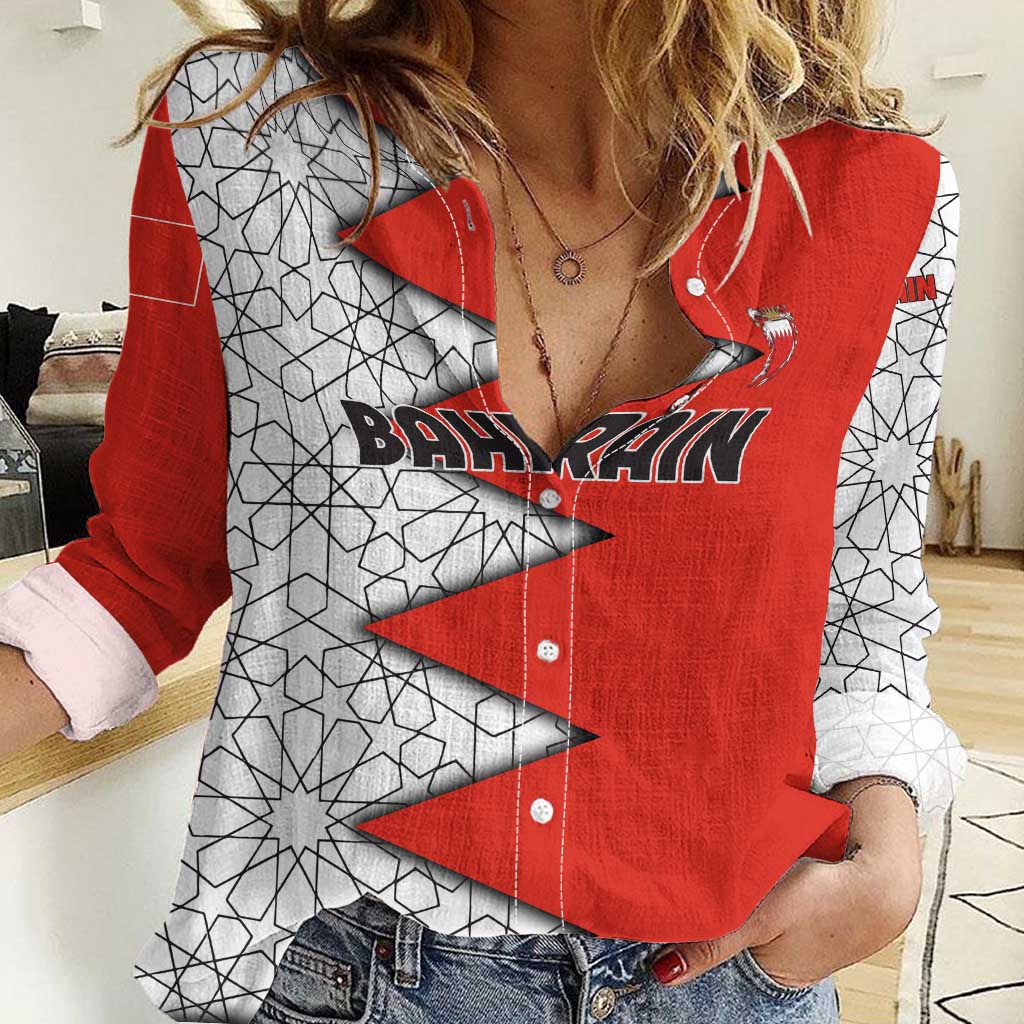 Bahrain Shield Design Women Casual Shirt with Arabesque Tile Motif in Red