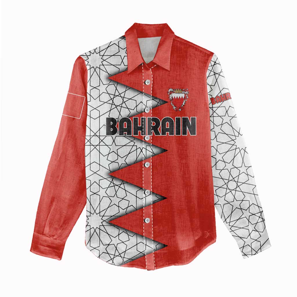 Bahrain Shield Design Women Casual Shirt with Arabesque Tile Motif in Red