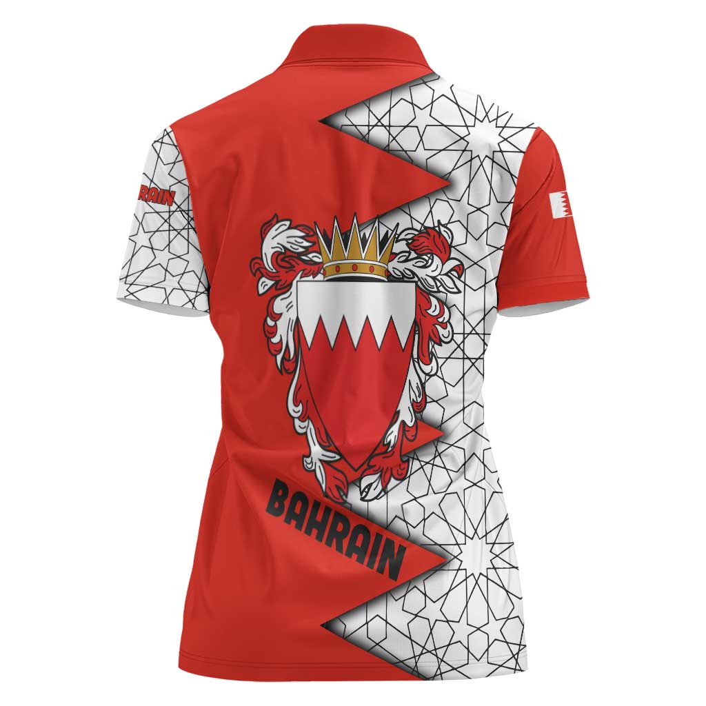 Bahrain Shield Design Women Polo Shirt with Arabesque Tile Motif in Red