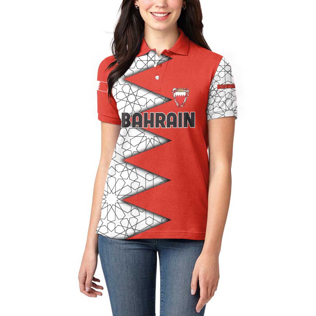 Bahrain Shield Design Women Polo Shirt with Arabesque Tile Motif in Red