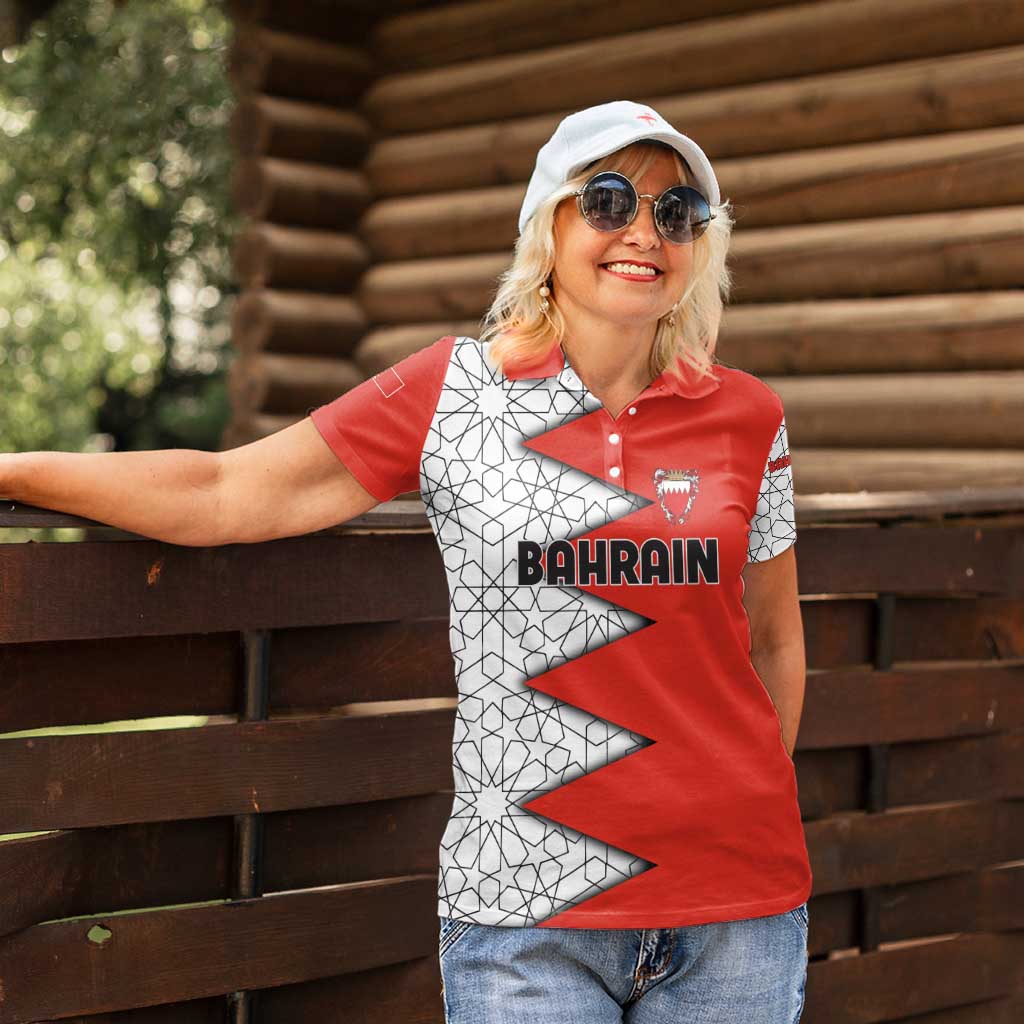 Bahrain Shield Design Women Polo Shirt with Arabesque Tile Motif in Red