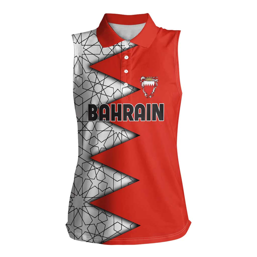 Bahrain Shield Design Women Sleeveless Polo Shirt with Arabesque Tile Motif in Red