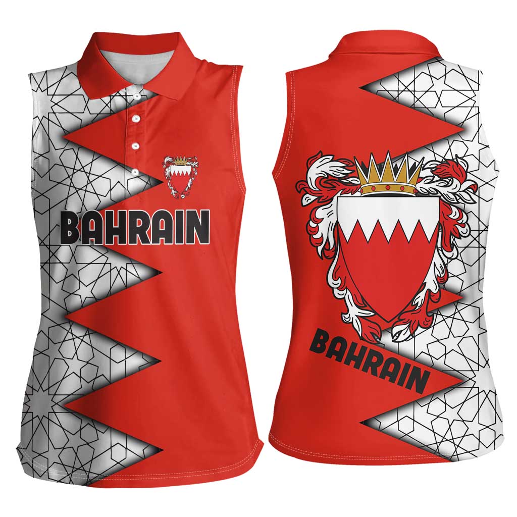 Bahrain Shield Design Women Sleeveless Polo Shirt with Arabesque Tile Motif in Red