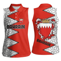 Bahrain Shield Design Women Sleeveless Polo Shirt with Arabesque Tile Motif in Red