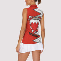 Bahrain Shield Design Women Sleeveless Polo Shirt with Arabesque Tile Motif in Red