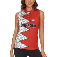 Bahrain Shield Design Women Sleeveless Polo Shirt with Arabesque Tile Motif in Red