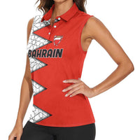 Bahrain Shield Design Women Sleeveless Polo Shirt with Arabesque Tile Motif in Red