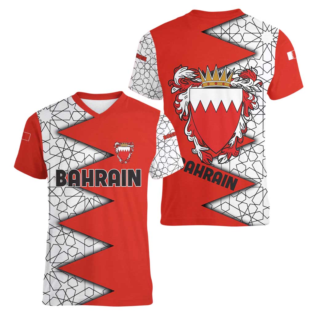 Bahrain Shield Design Women V-Neck T-Shirt with Arabesque Tile Motif in Red