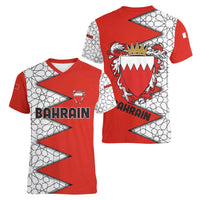 Bahrain Shield Design Women V-Neck T-Shirt with Arabesque Tile Motif in Red